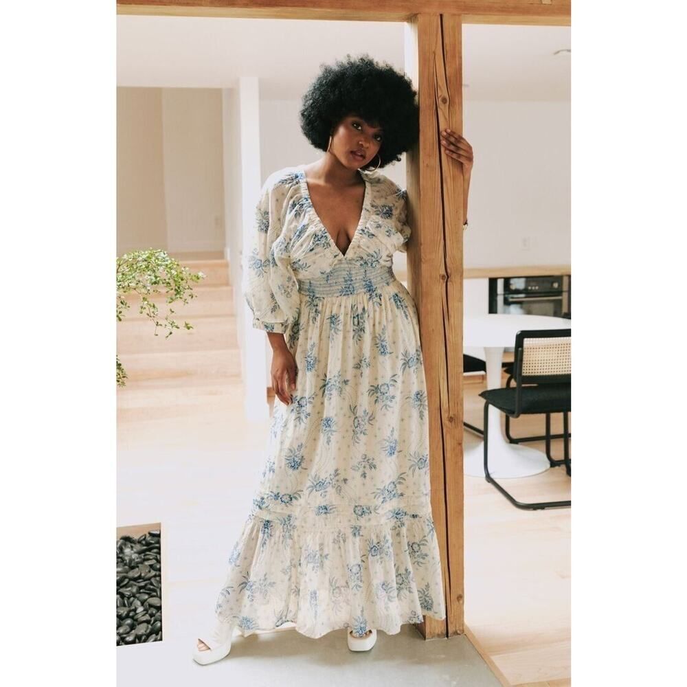 New Anthropologie Golden Hour Maxi Dress Size X-Small Tea Combo Ivory Blue
